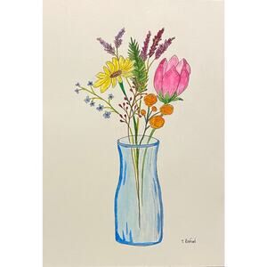 Hand painted watercolor original painting flowers glass vase
